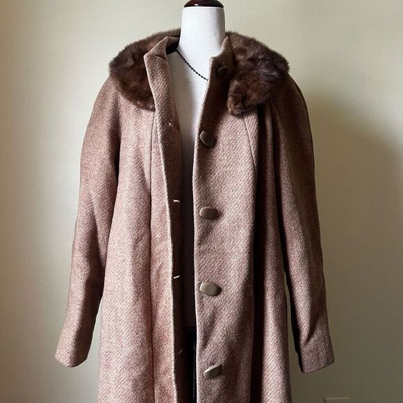 Vintage 60s Pure Wool Swing Coat Button Down Tan Brown Fur Collar Medium - Picture 4 of 13